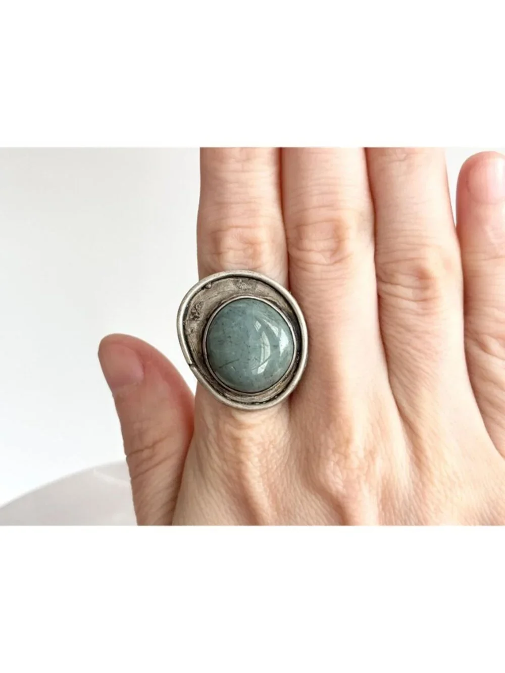 Modernist Freeform Green Agate Gemstone 800 Silver Vintage Ring - sz 9.25